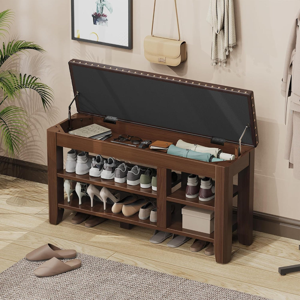 Shoe Bench for Entryway, Solid Rubberwood Shoe Bench with Hidden Storage, Adj...