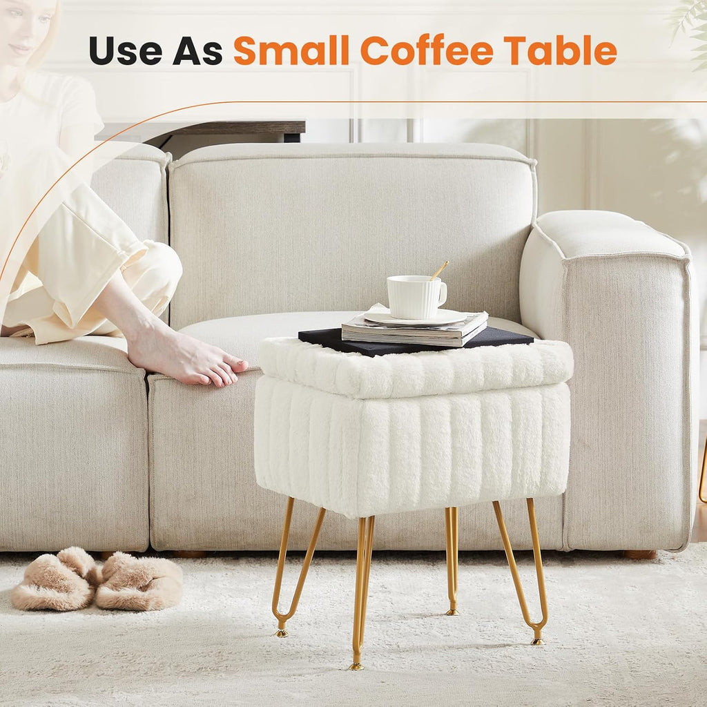 OLIXIS Vanity Stool Chair Faux Fur with Storage, Soft Ottoman 4 Metal Legs with Anti-Slip Feet, Makeup Cute Soft Small Footstool, Modern Style Faux Fur Seat for Makeup, Bedroom Dresser, Ivory