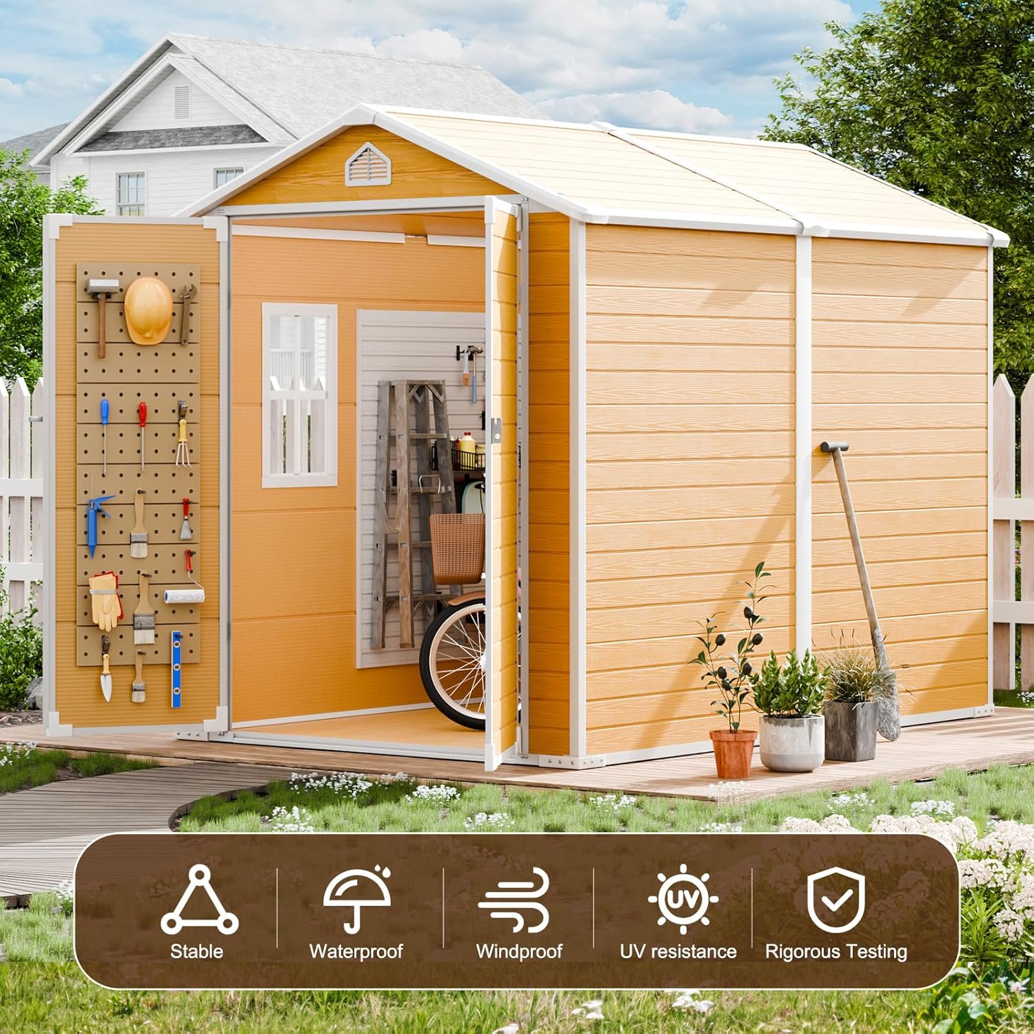8x6 FT Resin Storage Shed, Waterproof Outdoor Shed w/Floor Included, 2 Windows, Double Lockable Doors & Vents,Outside Plastic Tool Sheds for Garden, Lawn, Backyard, Wood-Grain Brown