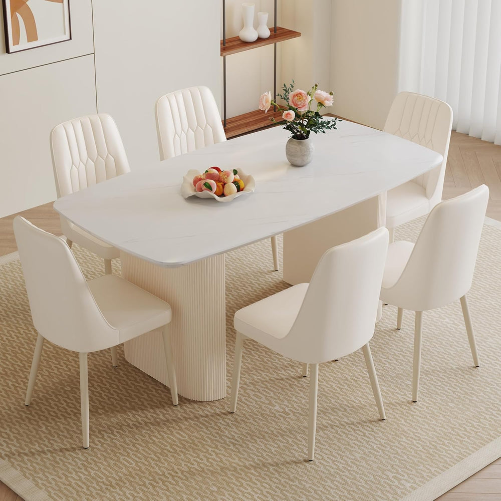White Dining Table Set for 6, 67'' Marble Dining Table Set with 3.5&#...