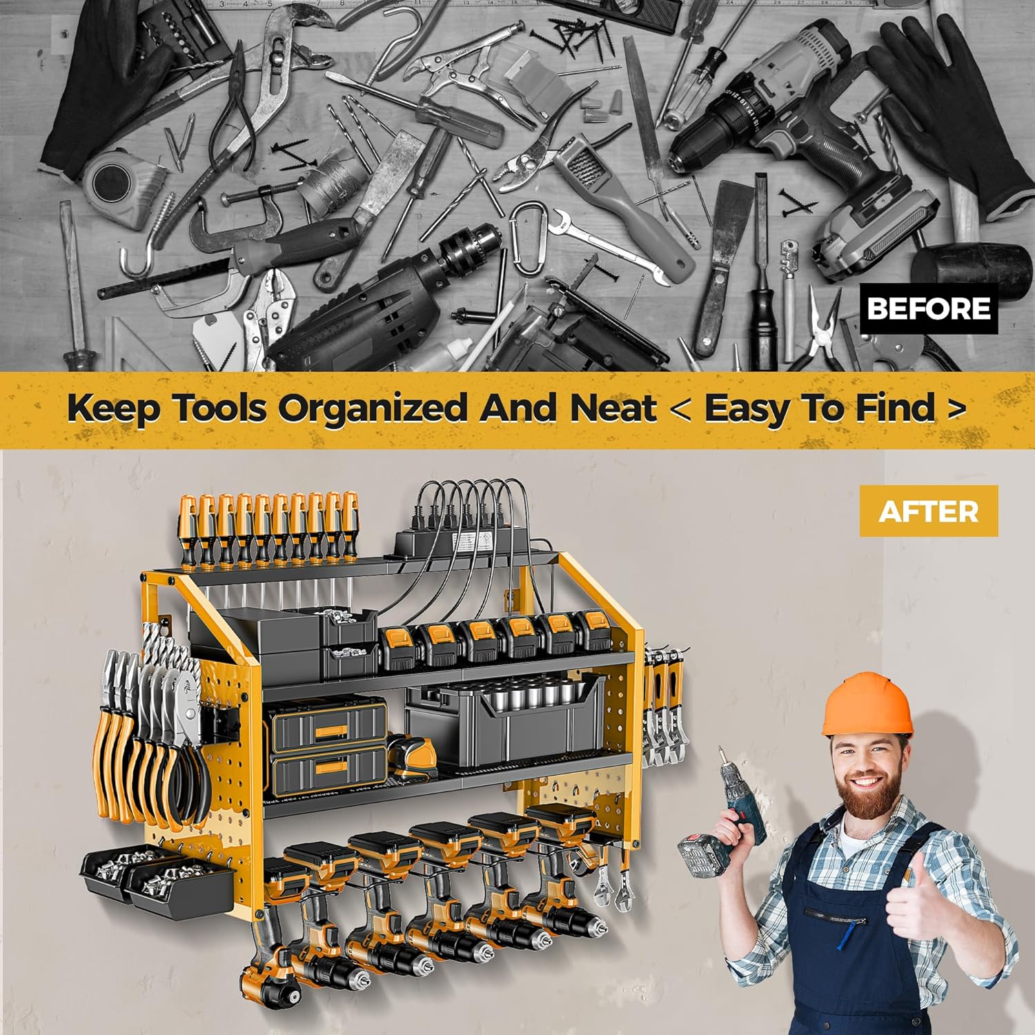 LBT Power Tool Organizer With Charging Station,Patented,Heavy Duty Steel,6 Drilling Rig Sizes With Hooks And Screw Boxes,6 sockets,Easy To Install Garage Storage Rack,Great Gift For Men, Yellow