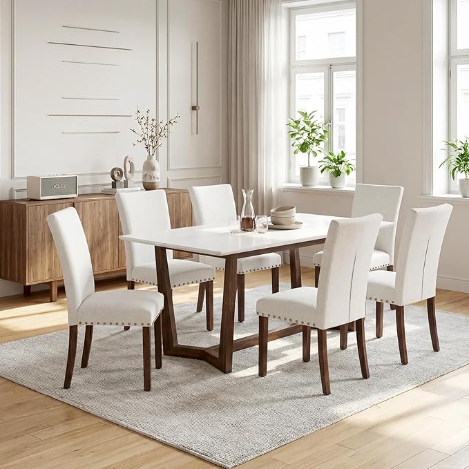 Furniliving Upholstered Dining Chairs Set of 6 - Line Fabric Modern Farmhouse Kitchen Chairs, High-Back Dining Room Chairs with Wooden Legs for Kitchen Dining Room Living Room.White