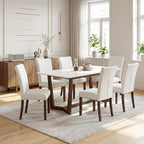 Furniliving Upholstered Dining Chairs Set of 6 - Line Fabric Modern Farmhouse Kitchen Chairs, High-Back Dining Room Chairs with Wooden Legs for Kitchen Dining Room Living Room.White