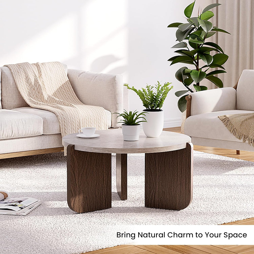 SUNBURY Modern Round Coffee Table with Sturdy Base, Wood Center Tables for Li...