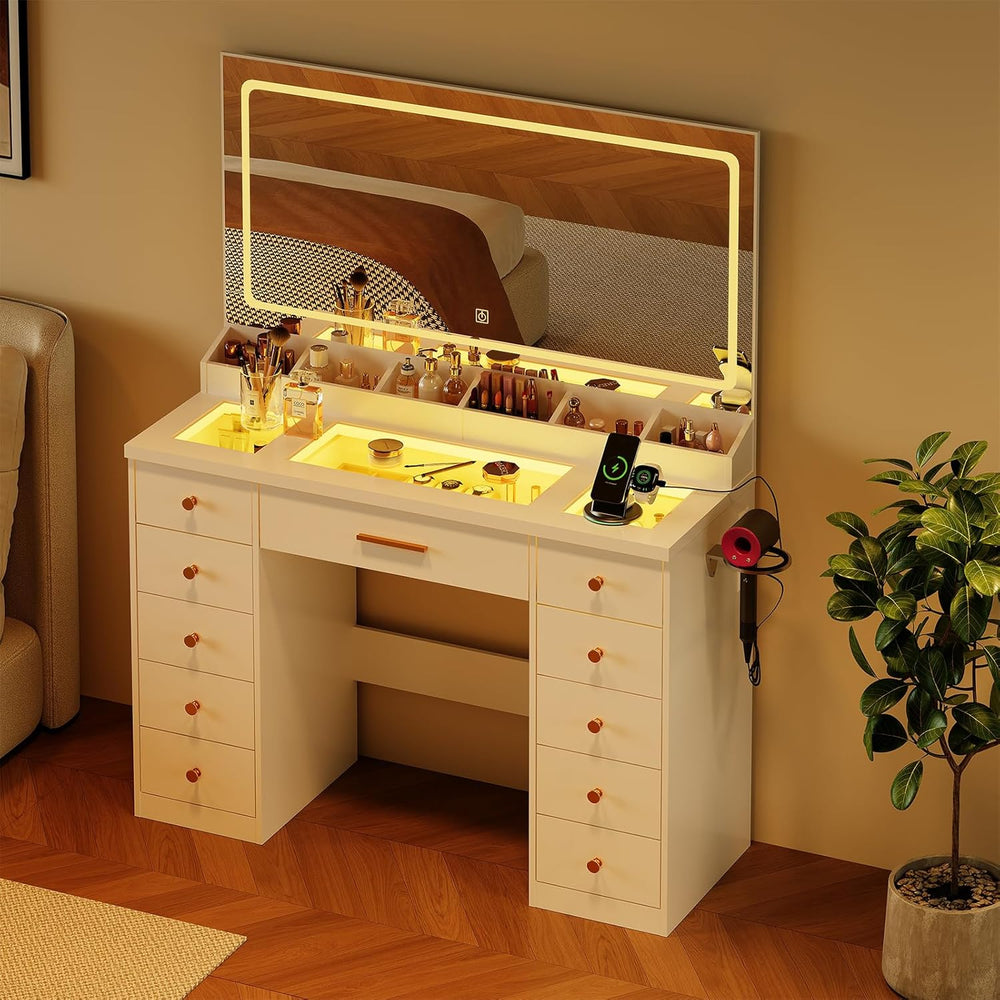 LAKEMID White Vanity Desk with Mirror and Lights,Glass Top Vanity Table with ...