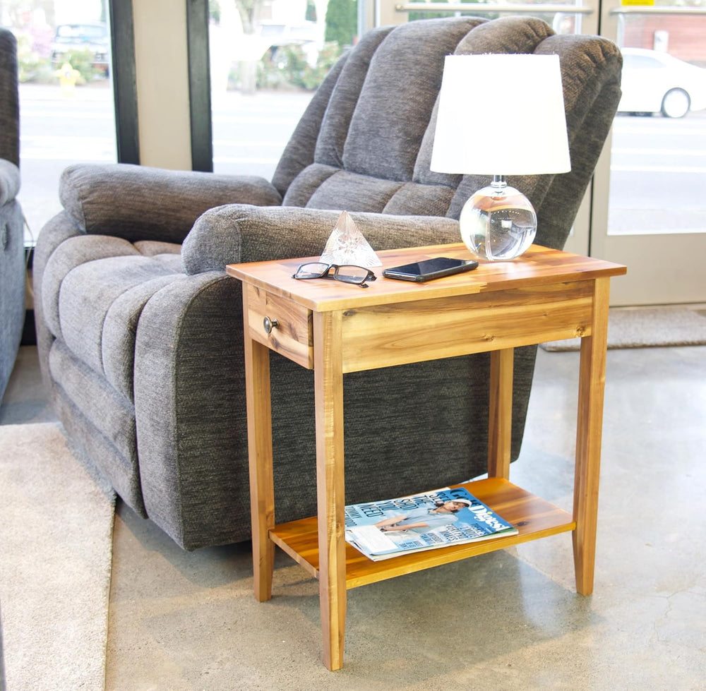 2-Tier Solid Acacia Recliner Table w/Drawer (Natural)