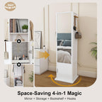 Montary 360° Rotating Makeup & Jewelry Cabinet with Full-Length Mirror - Standing Storage Organizer with Coat Rack, 4-Tier Open & Built-in Shelves, White