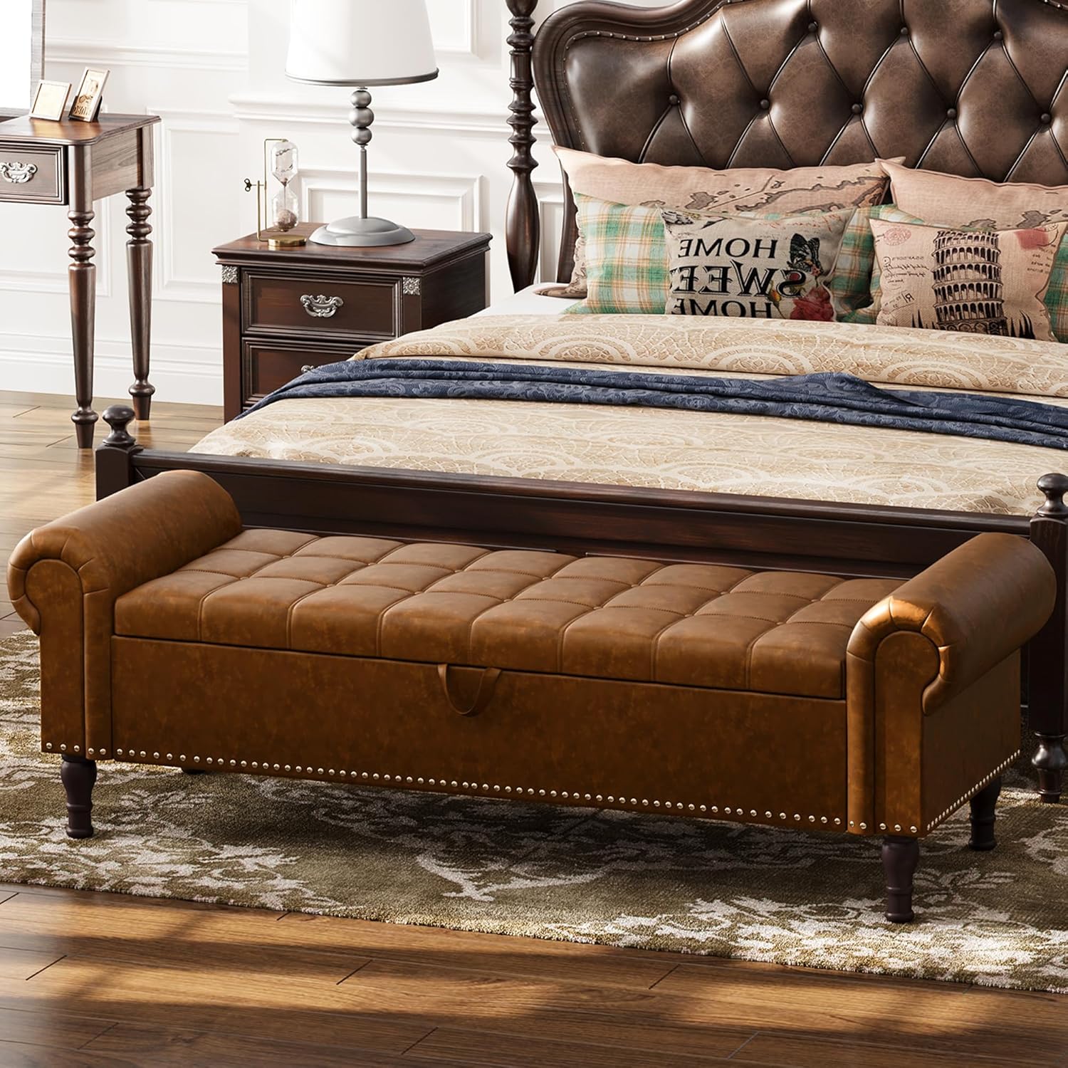 Apicizon 60” Bench with Storage, Upholstered Tufted Button Bedroom Bench with Storage, Faux Leather Ottoman Bench for Bedroom, Living Room, Entryway, Yellow Brown