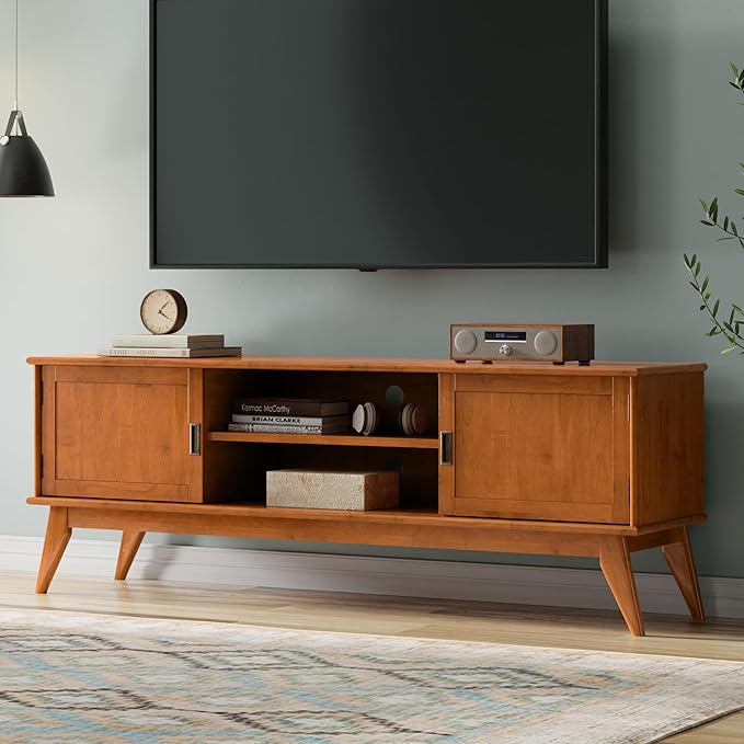 SIMPLIHOME Draper TV Stand - 72 inch Wide Solid Wood Media Console in Teak Brown, Mid Century Modern Entertainment Center for Living Room for TVs up to 80 Inches with Cabinets and Cable Management