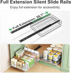 Pull out Cabinet Organizer, Stainless Steel 2-Pack Slide out Drawer with Silent Full-Extension Slides, Adhesive Roll out Can Spice Storage Basket Shelf Rack for Pantry, Kitchen, Bathroom, Home Closet