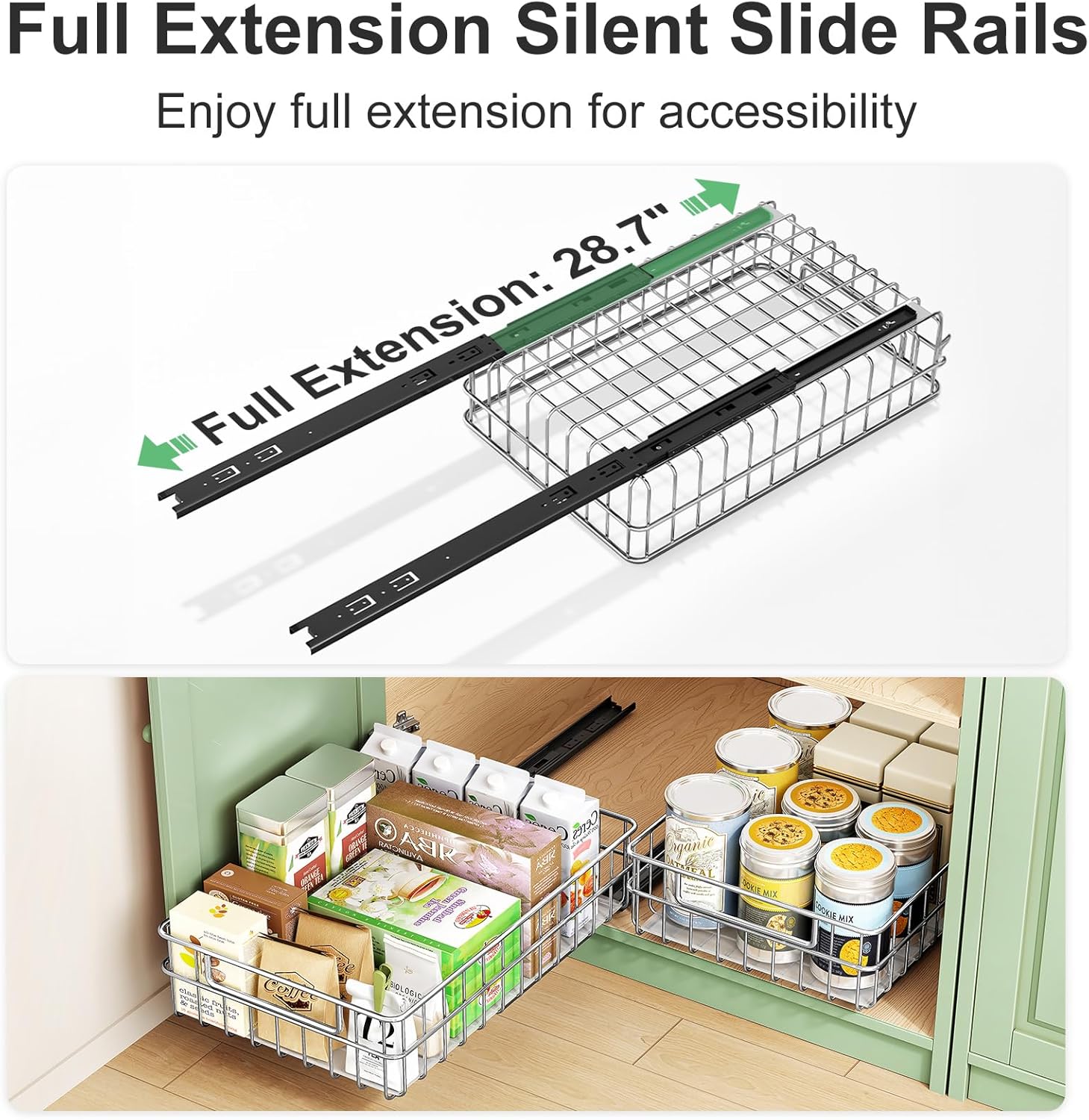 Pull out Cabinet Organizer, Stainless Steel 2-Pack Slide out Drawer with Silent Full-Extension Slides, Adhesive Roll out Can Spice Storage Basket Shelf Rack for Pantry, Kitchen, Bathroom, Home Closet