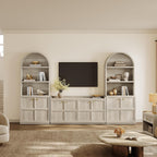 SICOTAS 61.7" 4-Door Buffet Sideboard Cabinet Living Room, Grey White Oak | Geometric Doors & Elegant Gold Handle, Slow-Close Door, 2 Separate Bays, 3-Level Adjustable Shelf, Kid & Pet Safe, 77 lbs Top