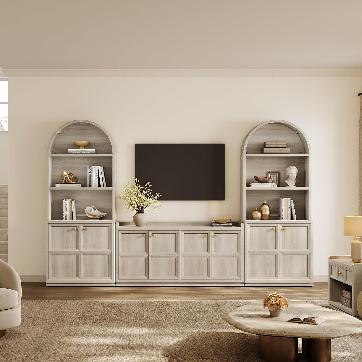 SICOTAS 61.7" 4-Door Buffet Sideboard Cabinet Living Room, Grey White Oak | Geometric Doors & Elegant Gold Handle, Slow-Close Door, 2 Separate Bays, 3-Level Adjustable Shelf, Kid & Pet Safe, 77 lbs Top