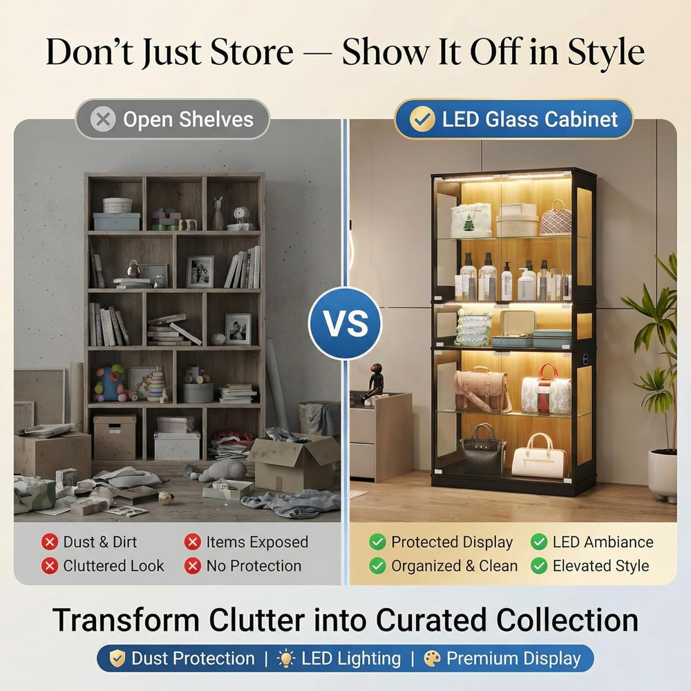 Display Cabinet with Glass Doors & LED Lights, 5 Tier Lighted Display Cas...