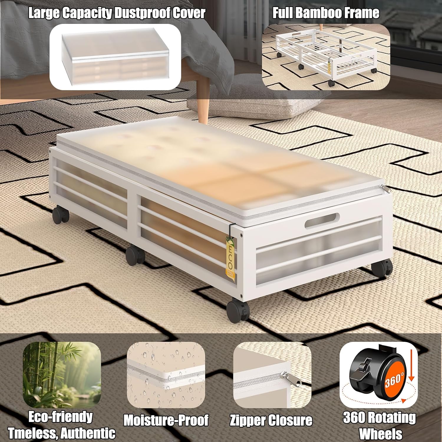 Under Bed Storage Containers with Wheels, Larger Bamboo Wood Under Furniture Storage Containers with Dust Bags，Rolling for Shoes Clothes