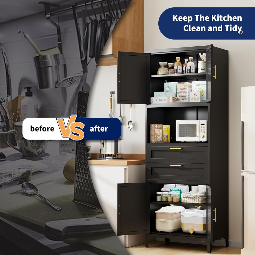 75” Tall Kitchen Pantry Storage Cabinet, Metal Storage Cabinet with 2 Drawers...