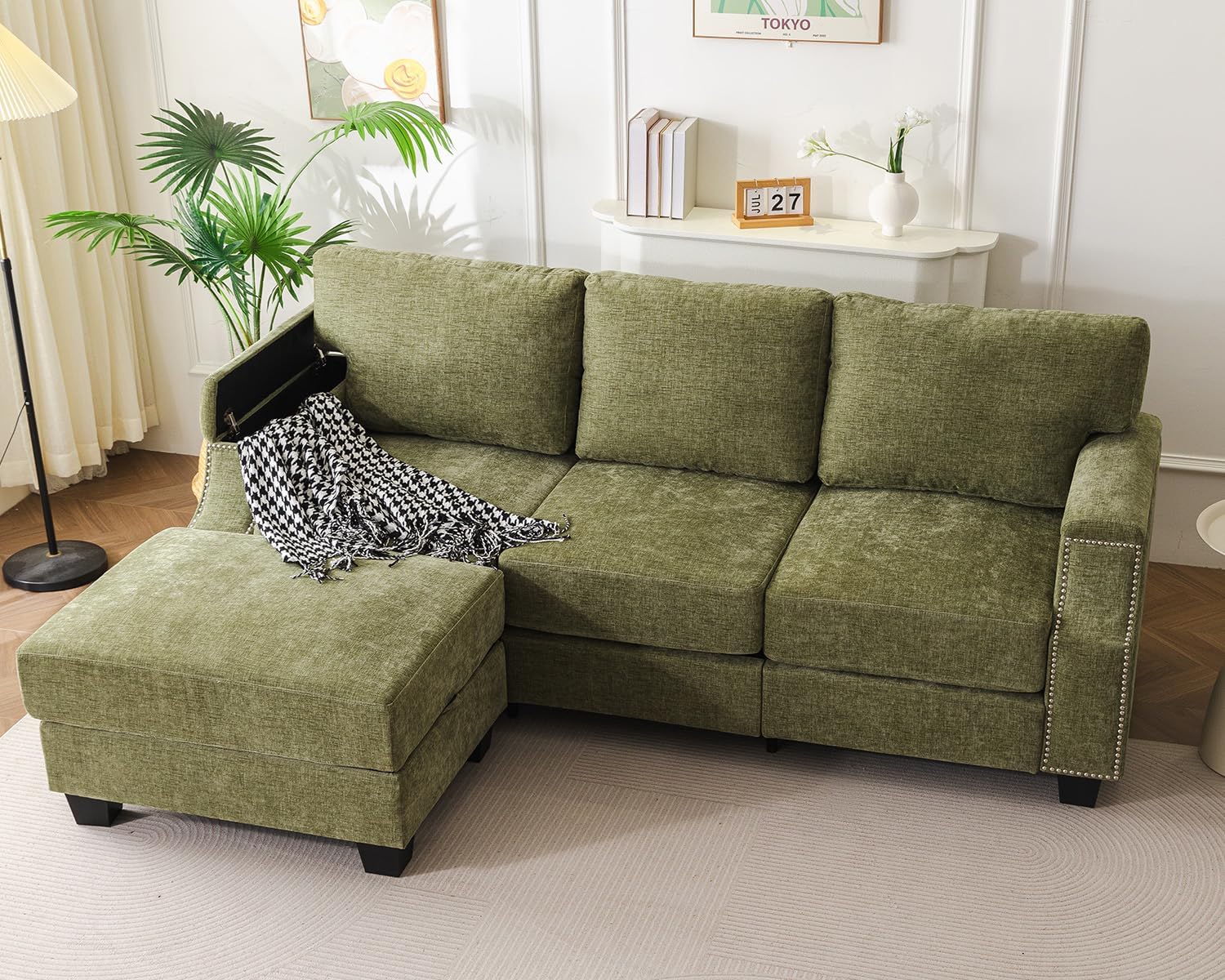 85" Sectional Sofa Couch with All Seat Storage,Movable Ottoman,Green | L Shaped Couch with Armrest Organizer,3-Seater Sofa,Small Modular Couches for Living Room,Bedroom,Apartment,Chenille