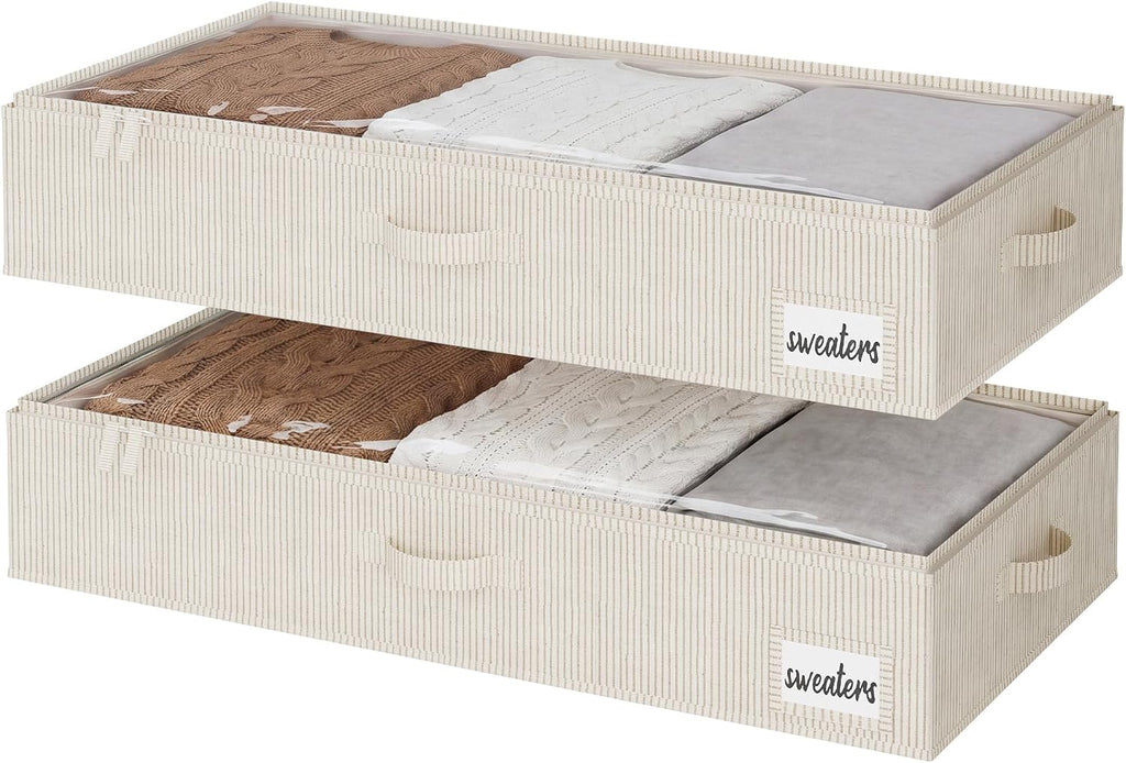StorageWorks Large Under Bed Storage Containers with Handles and Label Holder, 2 Pack Ultra-thick Fabric Underbed Bins, Brown and White Stripes