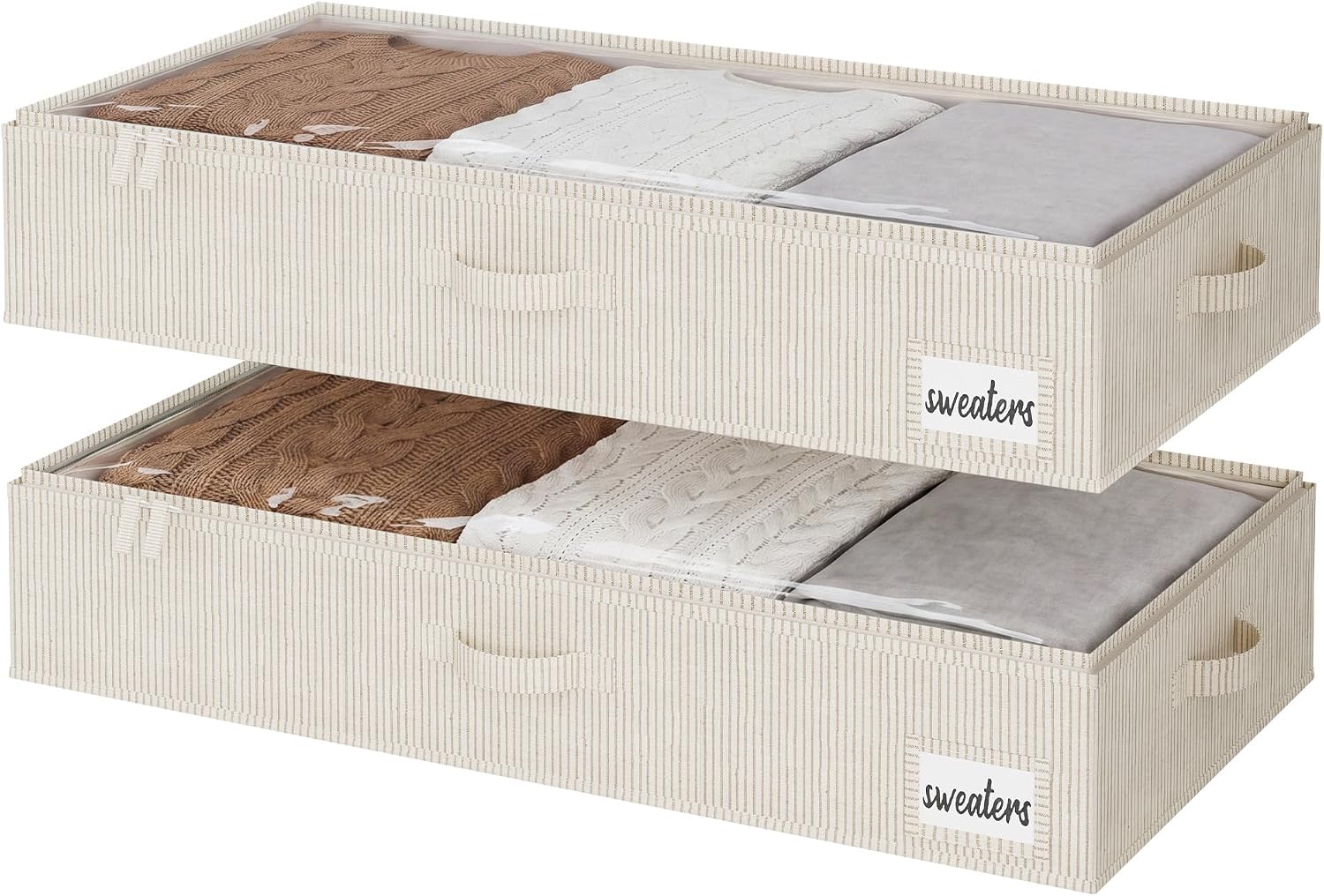 StorageWorks Large Under Bed Storage Containers with Handles and Label Holder, 2 Pack Ultra-thick Fabric Underbed Bins, Brown and White Stripes