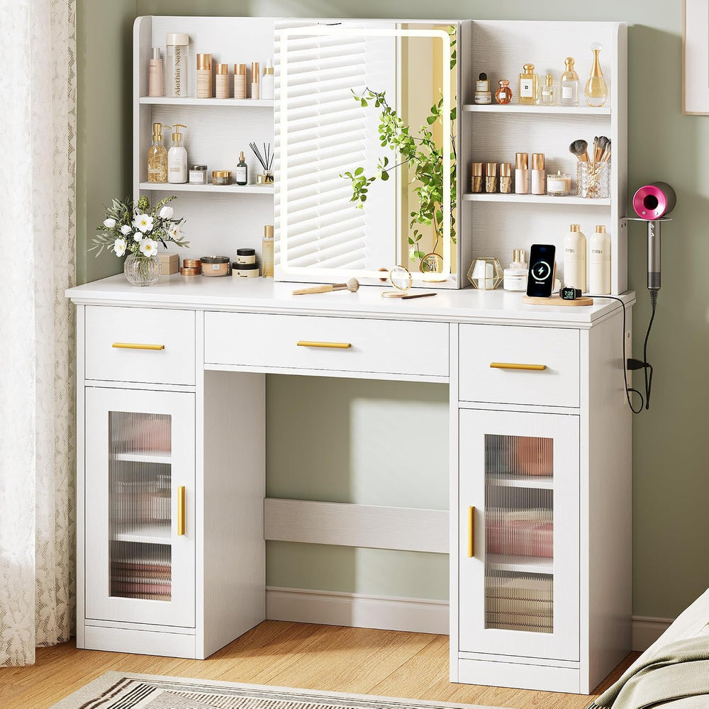 Memobarco 43.5-inch Large White Makeup Vanity Desk with Sliding Mirror | Smar...