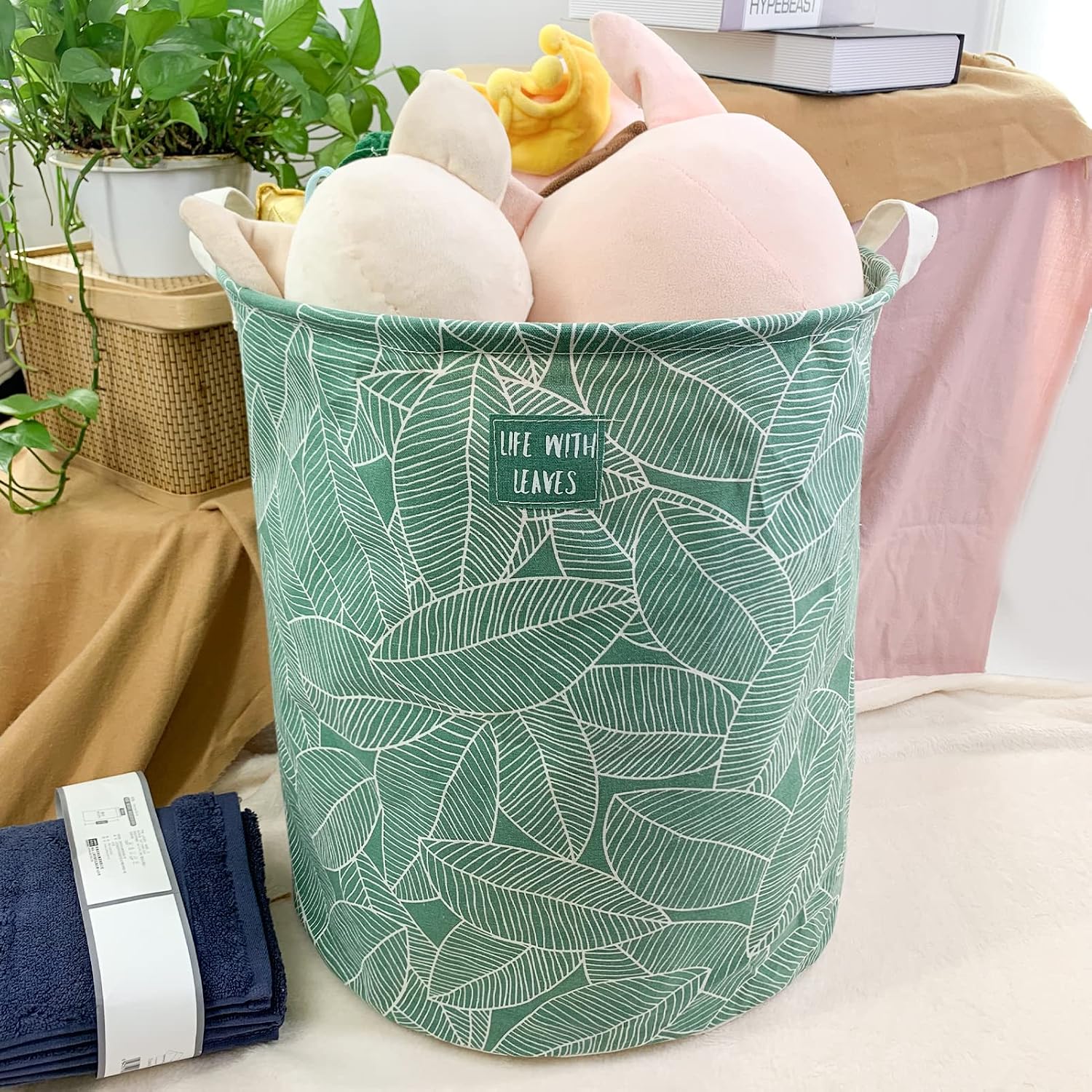 Mziart Large Foldable Laundry Basket Organizer, Collapsible Laundry Hamper Fabric Clothes Toy Storage Basket Nursery Hamper Storage Bin for Household Bedroom, Bathroom, College Dorm (Big White Leaf)