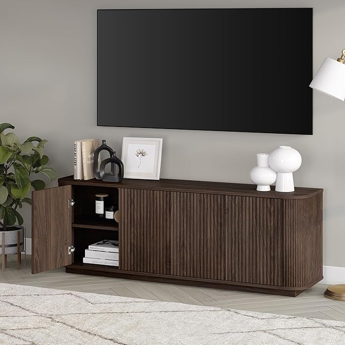 Henn&Hart Fluted TV Stand for TVs up to 75" with 2 Storage Cabinets with an Adjustable Shelf for Living Room, Family Room, or Office, Warm Brown
