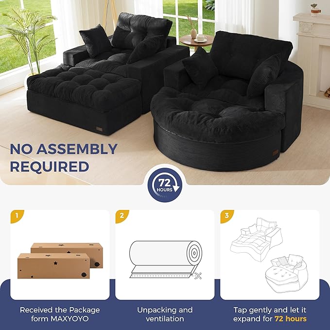 MAXYOYO Modular Sectional Chaise Lounge Sofa, 2 Sets Upholstered Lounge Chair with Ottoman, Comfy Round+ Square Couch with Layered Cushion, Tufted Sleeper Chair for Living Room, No Assembly, Black