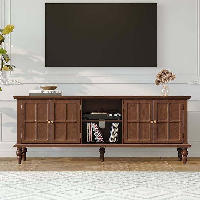 3More 67" Mid Century Modern TV Stand with Window Design,Wood Entertainment Center with Open Shelf,Up to 70" Media TV for Living Room or Bedroom,Walnut