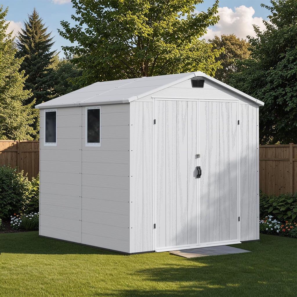 Patiowell 6x8 FT Outdoor Storage Shed with Floor, Resin Garden Tool Shed with Lockable Door & Windows, Weather-Resistant for Lawn Mower, Patio Furniture, Backyard Storage (Light Gray)
