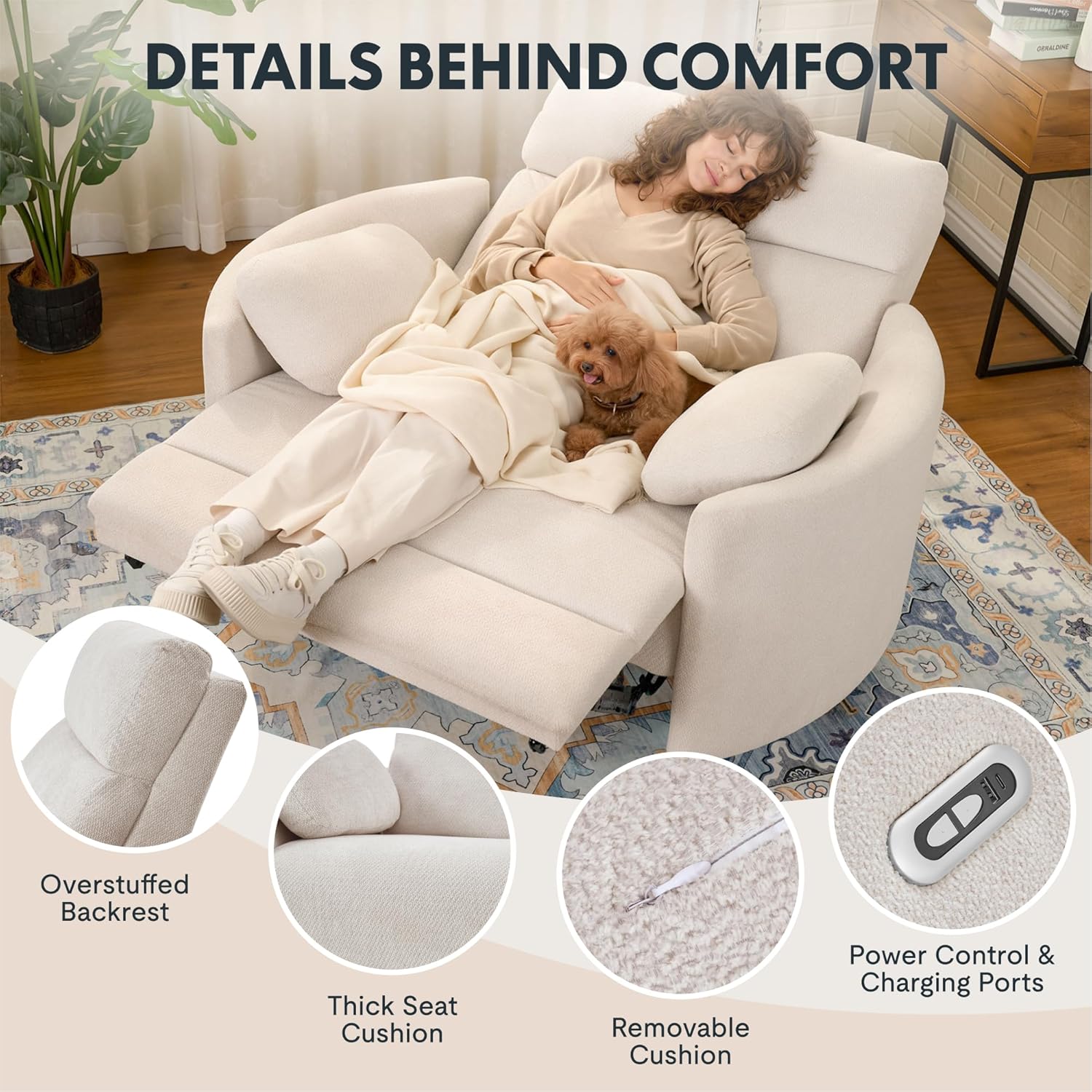 FLEXISPOT Mochi Oversized 54" Power Recliner Chair for Big and Tall Adults, Chenille Fabric Electric Recliner with USB & Type-C Ports, Wide Single Sofa with Pillows for Living Room & Bedroom, Beige