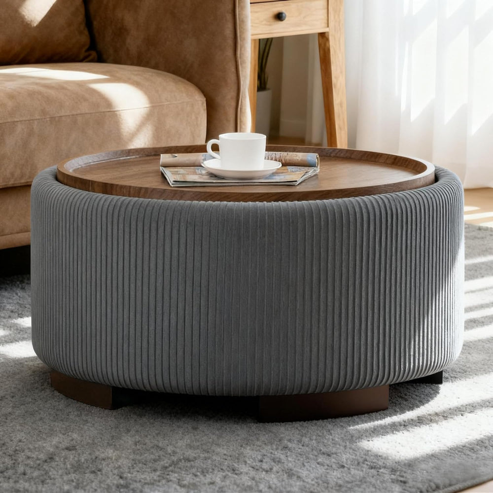 29.5 Inch Round Storage Ottoman Coffee Table, Grey Velvet | Modern Circle Cof...