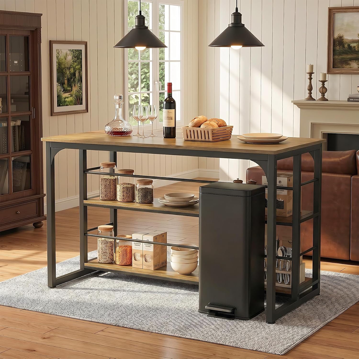 LITTLE TREE Kitchen Island with Storage, 63 Inches Width Kitchen Shelf with Large Worktop, Modern Kitchen Counter for Dining Room, Kitchen, Living Room, Easy to Assemble, Brown & Black