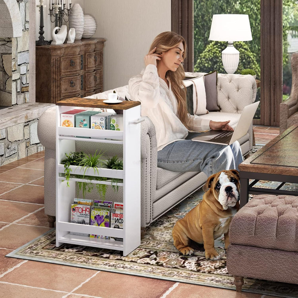 TEAMIX Slim Rolling Storage Cart, Wood 4-Tier Narrow Kitchen/Laundry Cart | 7...