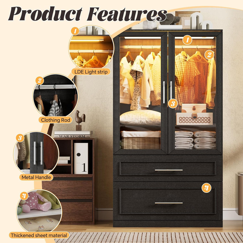 PAKASEPT Armoire Wardrobe Closet with Glass Door and Drawers, Bedroom Closet ...