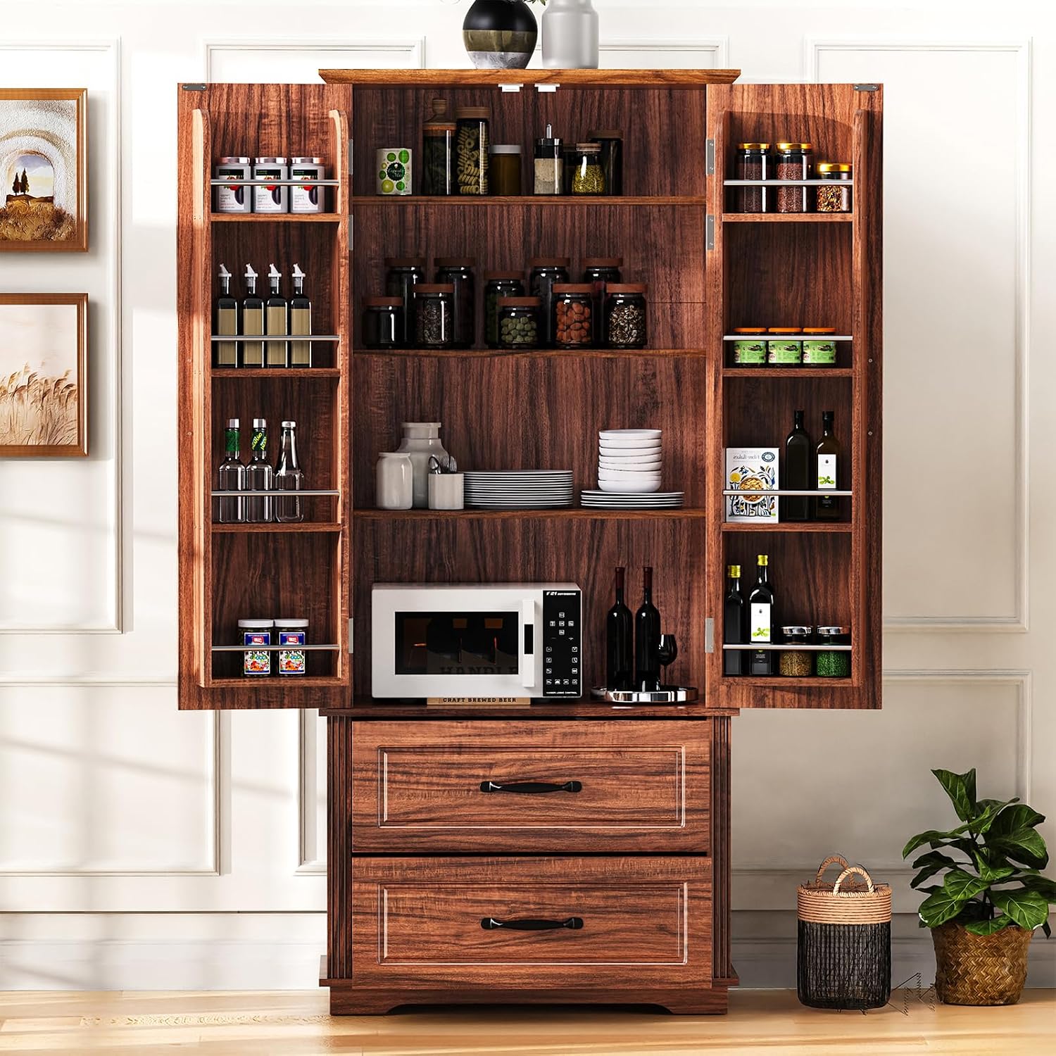 Pantry Cabinet with 2 Large Drawers, Embossed Texture Freestanding Cupboard with 8 Door Shelves and 3 Cabinet Shelves for Kitchen, Dining Room, Living Room