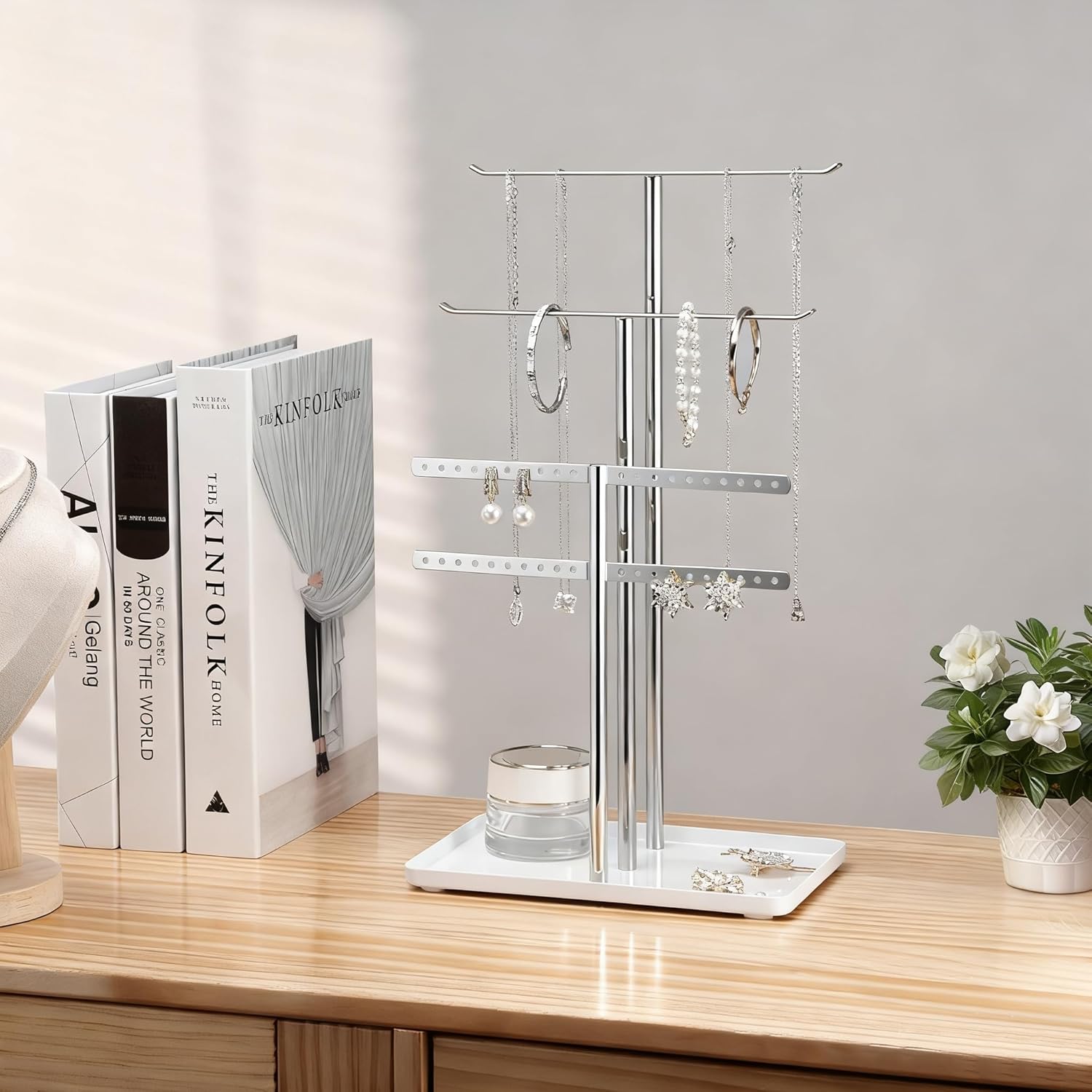 pickpiff Silver Jewelry Stand Holder Organizer: 14.5" Sturdy Hanger for 80 Pcs Jewelry, Chrome Jewlery Tower for Display Necklace, Earring, Bracelet, Watch