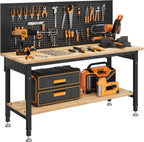 60" Work Bench Adjustable Height with Storage Shelf, Max Load 2000 LBS Heavy Duty Rubberwood Tabletop with Pegboard, LED Light, Built-in Power Strip for Woodworking Shop, Garage, Home