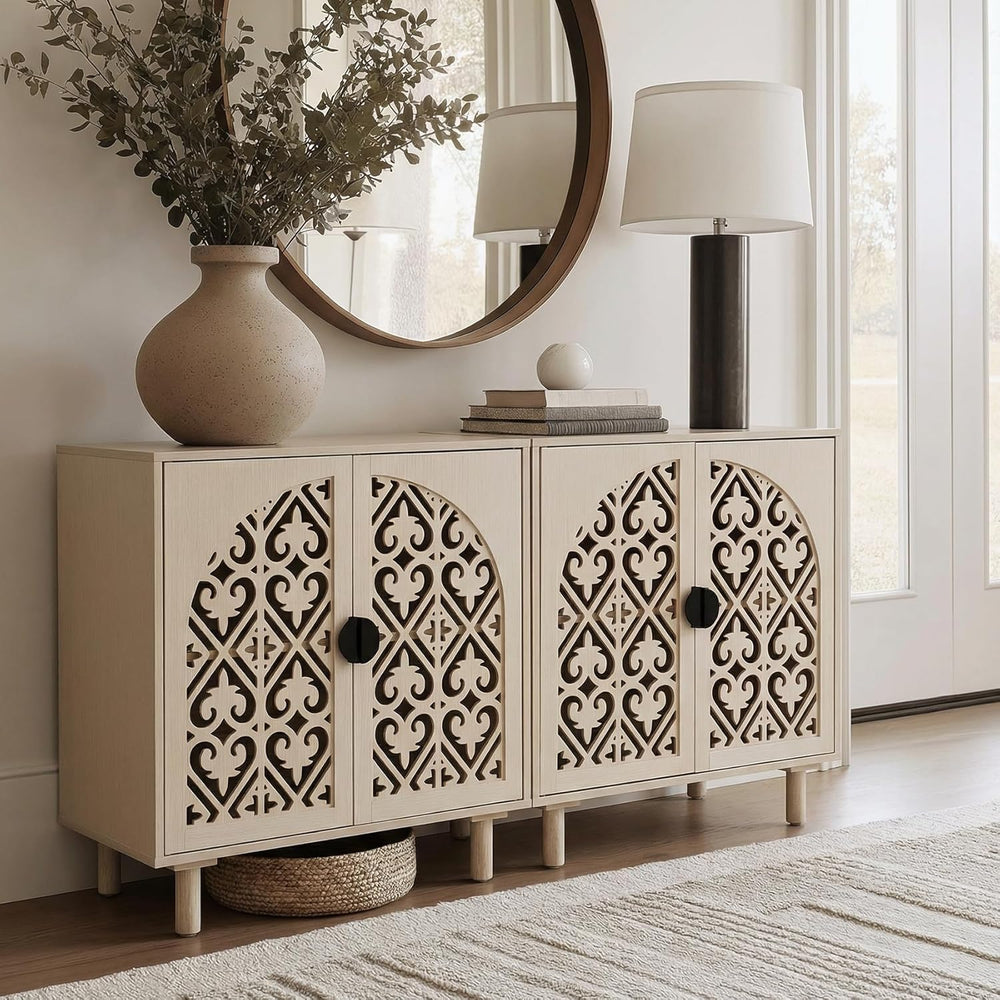 Decorative Storage Cabinet Sideboard with Hollow Carved Panels, 2 Doors, Natu...