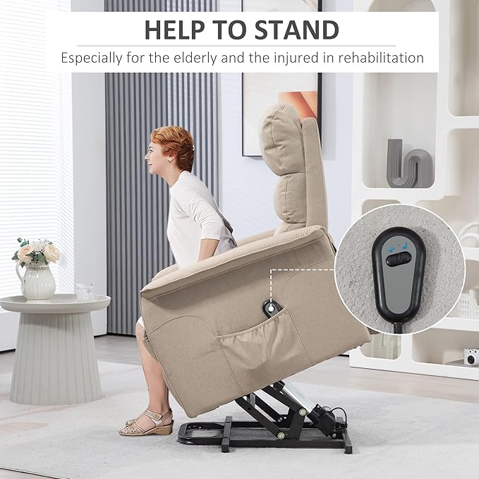 HOMCOM Power Lift Recliner Chair for Elderly, Easy Assembly, Fabric Lift Chair for Adults, Recliner Sofa with Remote Control, Side Pockets for Living Room, Beige