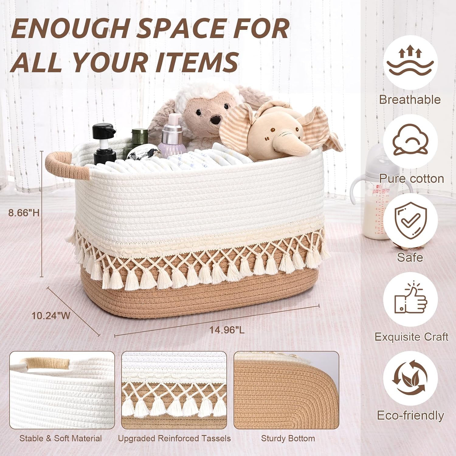 2 Pack Storage Basket for Shelves, Boho Cotton Rope Storage Bins with Heavy Tassel, Shelf Baskets Large Woven Baskets for Organizing, Cube Organizer Bins, Baby Laundry Basket for Clothes, Toys, Pets