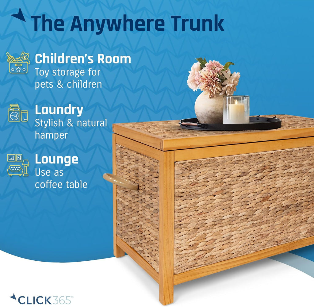 Click365 Wilson Wicker Storage Trunk with Lid, 30 Inch Handwoven Water Hyacinth Storage Chest with Acacia Wood Frame, Farmhouse Blanket Basket for Living Room, Bedroom or Entryway, Natural Brown