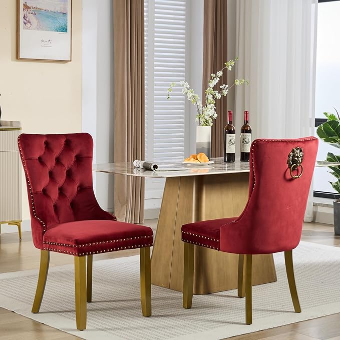 Velvet Dining Chairs Set of 2, Upholstered Dining Room Chairs with Lion Head Pulls Ring and Golden Solid Wood Legs, Modern Button Tufted Kitchen Chairs for Dining Room, Kitchen(Wine Red)