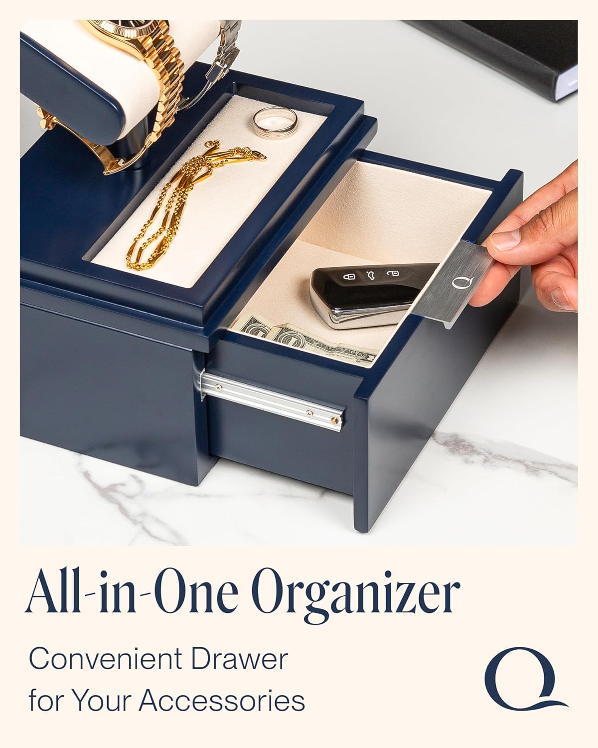 QWATCH Watch Stand Display Case - Acrylic Watch Box for 2 or 4 Watches with Jewelry Valet Tray and Drawer