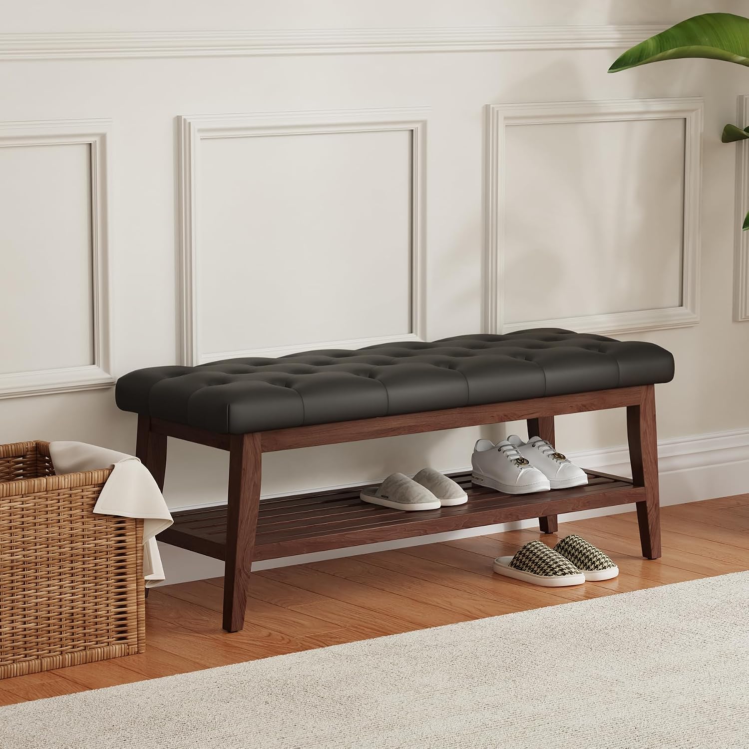 LEILISI Entryway Shoe Bench with Storage, End of Bed Bench, Microfiber Leather Upholstered Button-Tufted Seat Bench with Solid Wood Frame for Living Room, Bedroom (Black, 39.4'')
