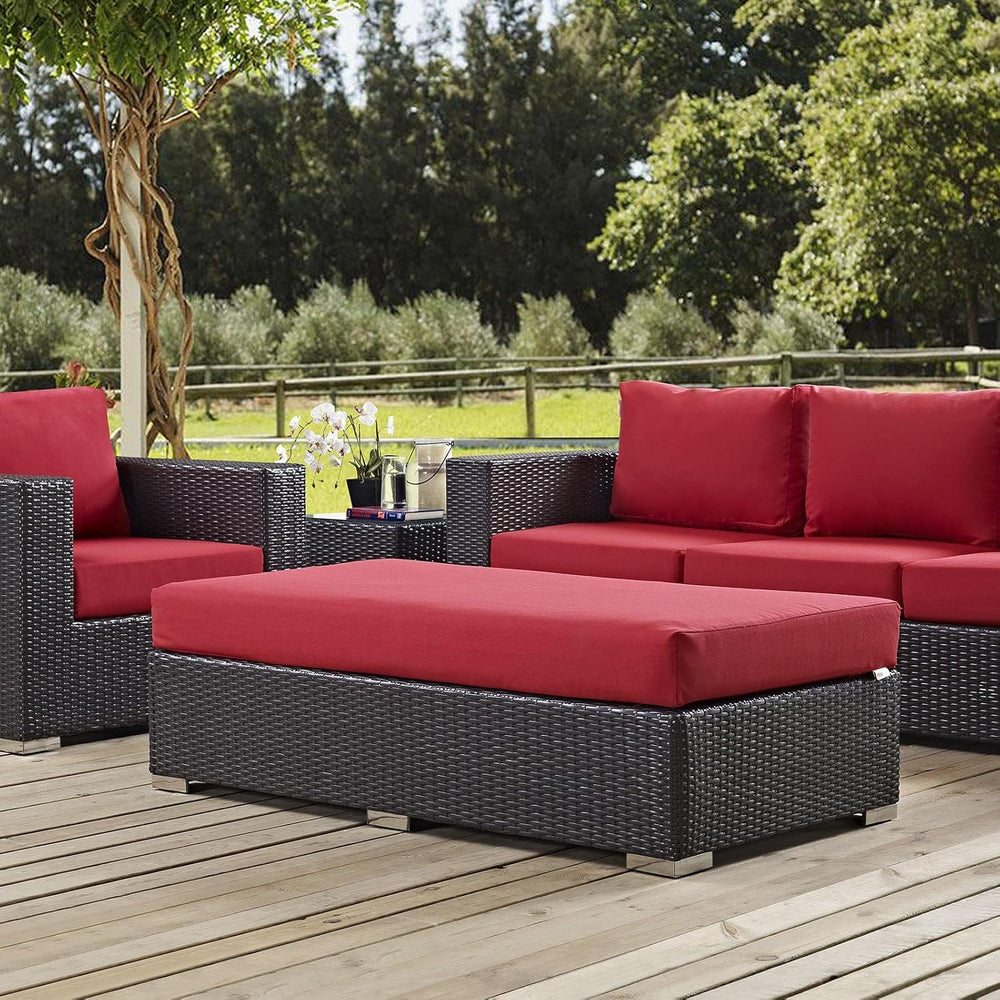BOWERY HILL Rectangle Fabric Rattan Patio Ottoman, Espresso Finish with Red C...