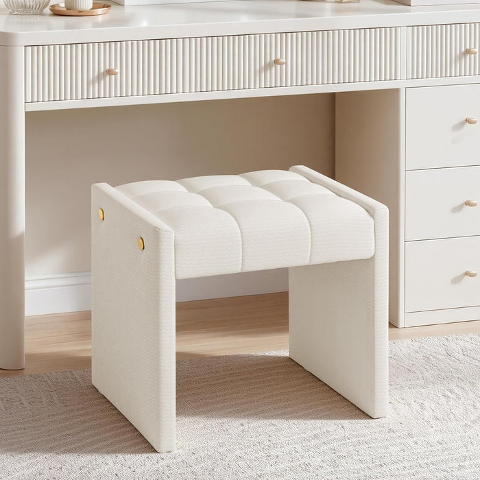 LUE BONA Modern Grid Tufted Vanity Bench Stool, 4.33'' Thick Chenille Upholstered Ottoman Footstool for Makeup Room, Bedroom & Living Room, 200lbs Capacity, White