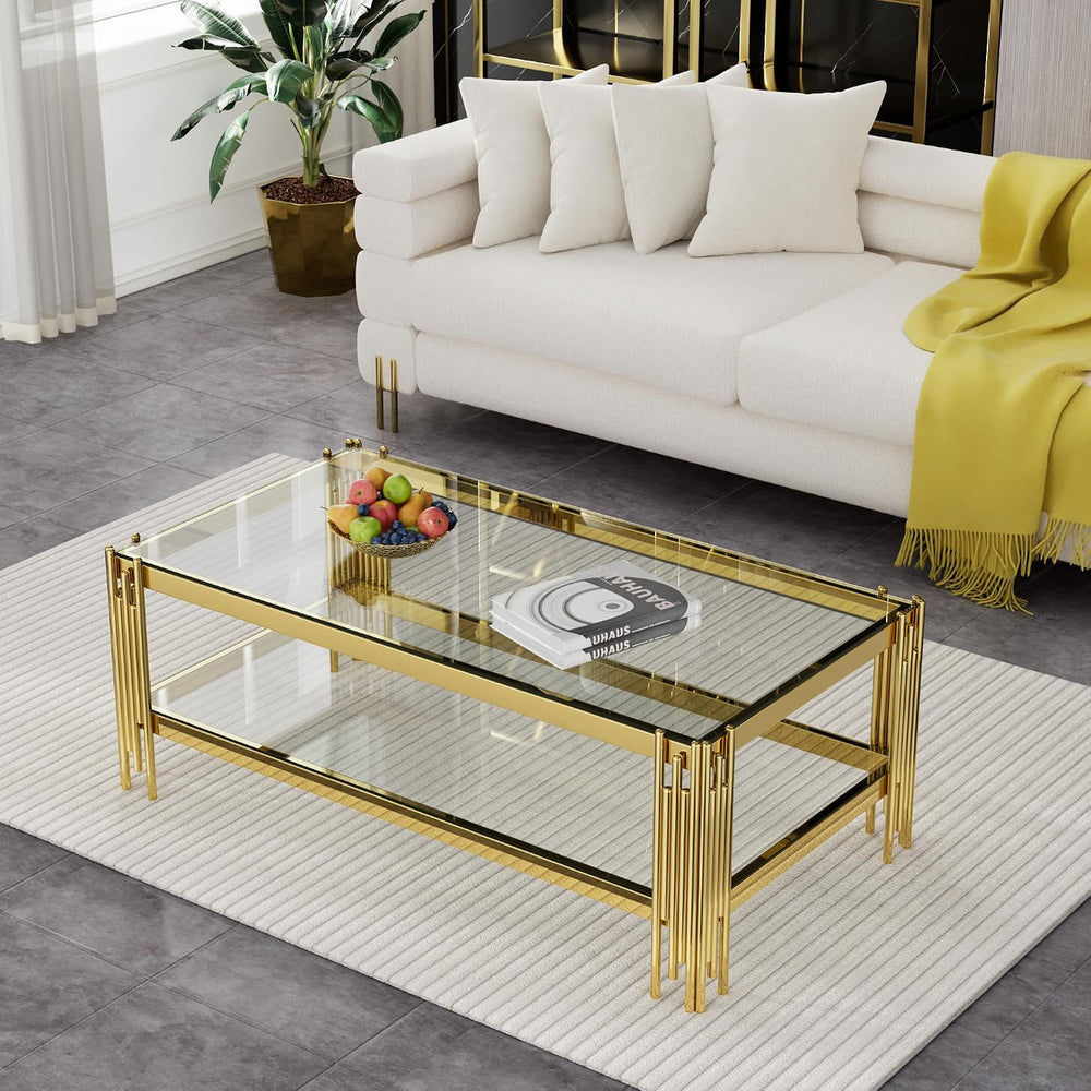 48-Inch Modern Rectangular Glass Coffee Table with Gold Stainless Steel Pipe ...