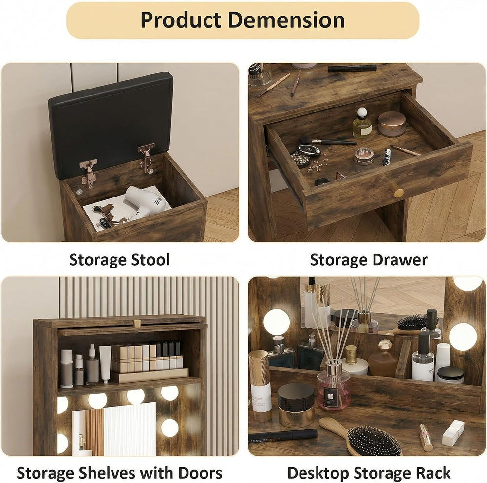 ARTETHYS Small Vanity with Mirror & RGB Light Rustic Makeup Set for Bedro...