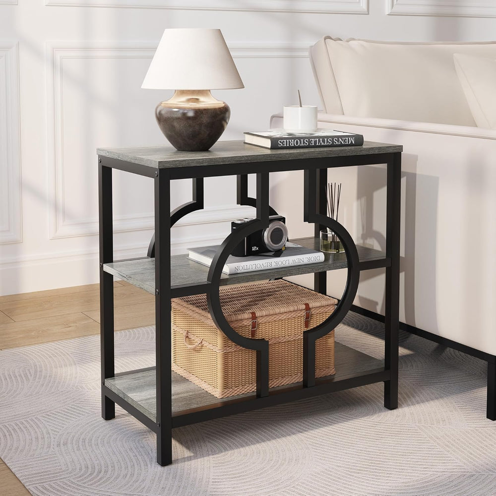 End Table Set of 2, Narrow Side Table with 3-Tier Storage Shelves, Wood Sofa ...
