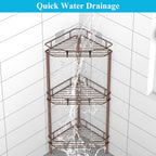 3 Tier Floor Standing Corner Shower Caddy Organizer Shelf with Hooks, Bathroom Shelves Stand Rack, Coffee